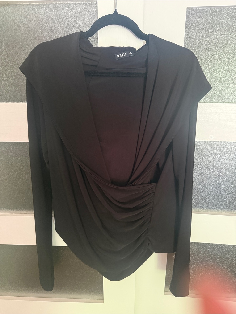 Joelle Collection “Austin” Black Draped Long-Sleeve Cowl Top with hoodie
